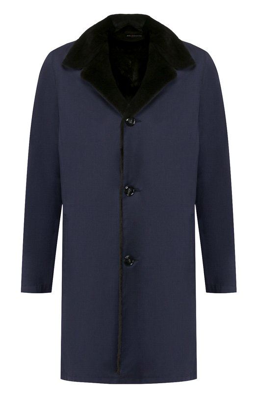 Однобортное пальто из смеси шерсти и шелка с меховой отделкой воротника Kiton, Синий 
Однобортное пальто из смеси шерсти и шелка с меховой отделкой воротника Kiton, Синий