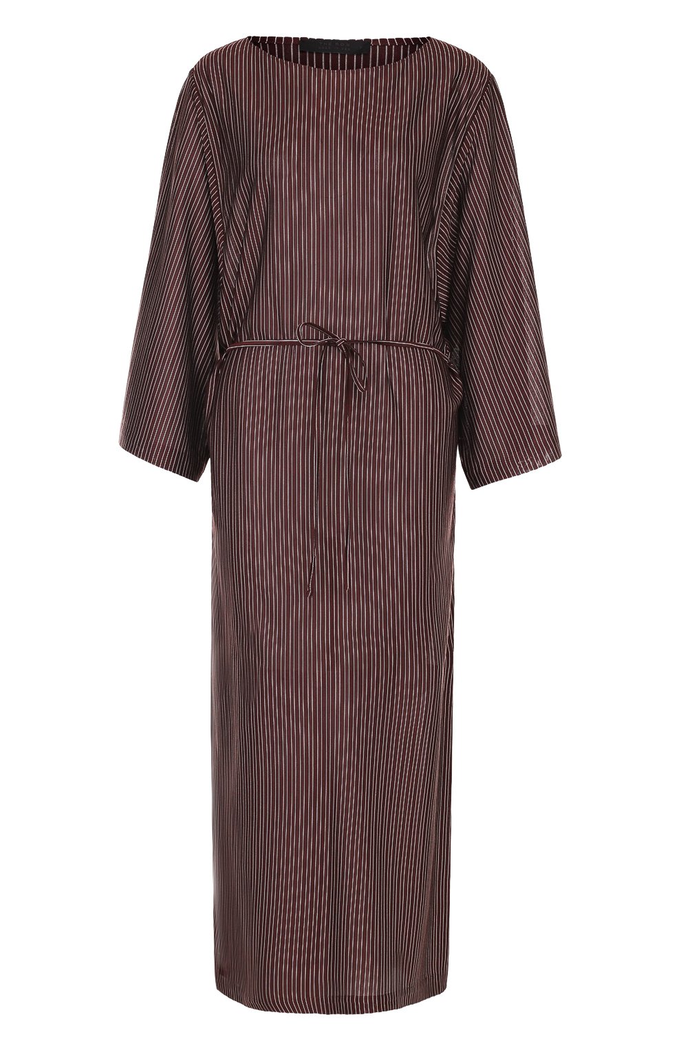 Шелковое платье в полоску с поясом и высокими разрезами