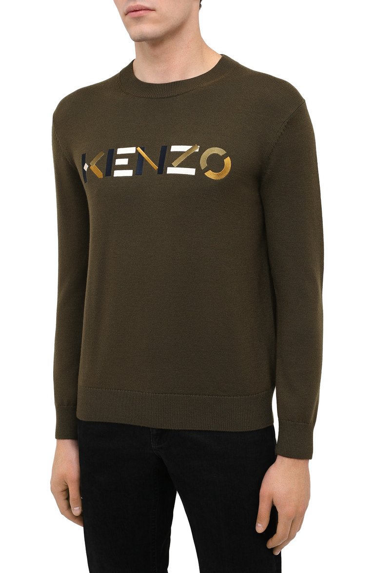 Мужской шерстяной джемпер KENZO хаки цвета, арт. FA65PU5413LA | Фото 3 (Рукава: Длинные; Длина (для топов): Стандартные; Материал внешний: Шерсть; Мужское Кросс-КТ: Джемперы; Принт: С принтом; Вырез: Круглый; Стили: Кэжуэл)