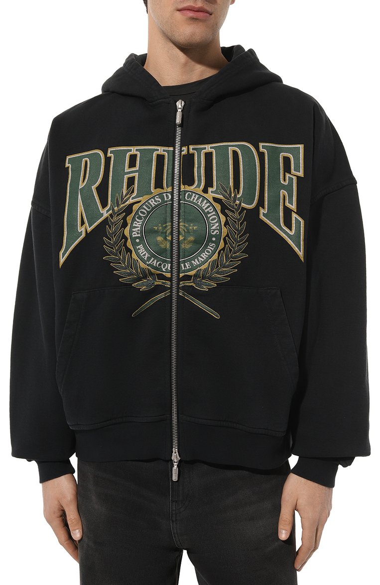 Мужской хлопковая толстовка RHUDE черного цвета, арт. RHFW23H009012610 | Фото 3 (Рукава: Длинные; Длина (для топов): Стандартные; Материал внешний: Хлопок; Материал сплава: Проставлено; Драгоценные камни: Проставлено; Мужское Кросс-КТ: Толстовка-одежда; Стили: Спорт-шик)