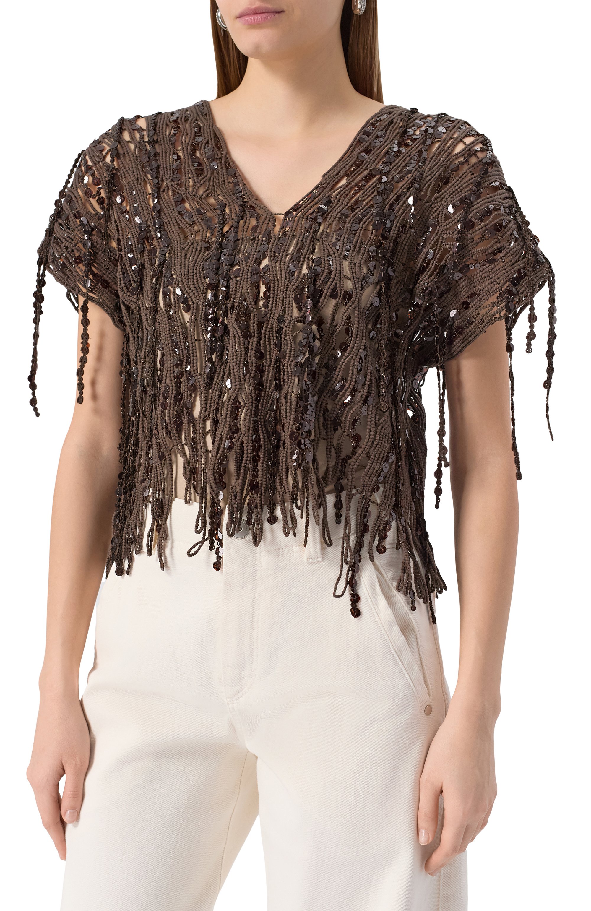 Хлопковый топ с отделкой пайетками BRUNELLO CUCINELLI, арт. M38R18602, фото 3