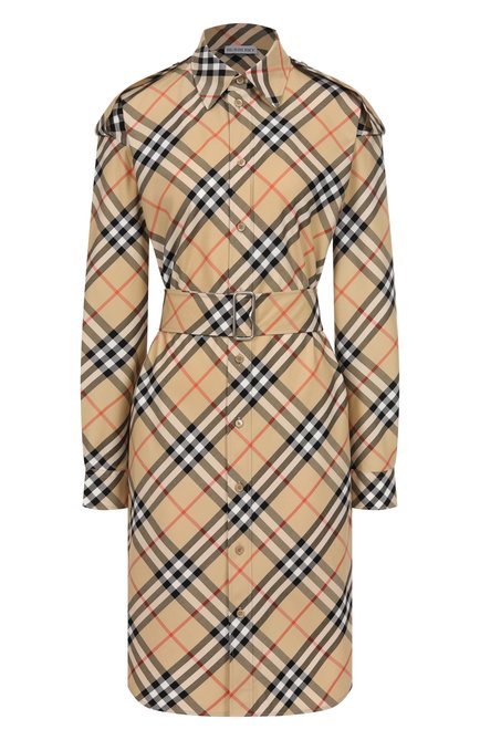 Женское хлопковое платье BURBERRY бежевого цвета, арт. 8086610 | Фото 1 (Материал внешний: Хлопок; Материал сплава: Проставлено; Драгоценные камни: Проставлено; Рукава: Длинные; Длина Ж (юбки, платья, шорты): До колена)