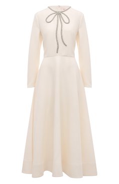 Женское платье из шерсти и шелка VALENTINO кремового цвета, арт. 3B3VA4351CF | Фото 1 (Материал внешний: Шелк, Шерсть; Материал сплава: Проставлено; Драгоценные камни: Проставлено; Рукава: Длинные; Длина Ж (юбки, платья, шорты): Миди; Случай: Повседневный; Стили: Романтичный; Женское Кросс-КТ: Платье-одежда)