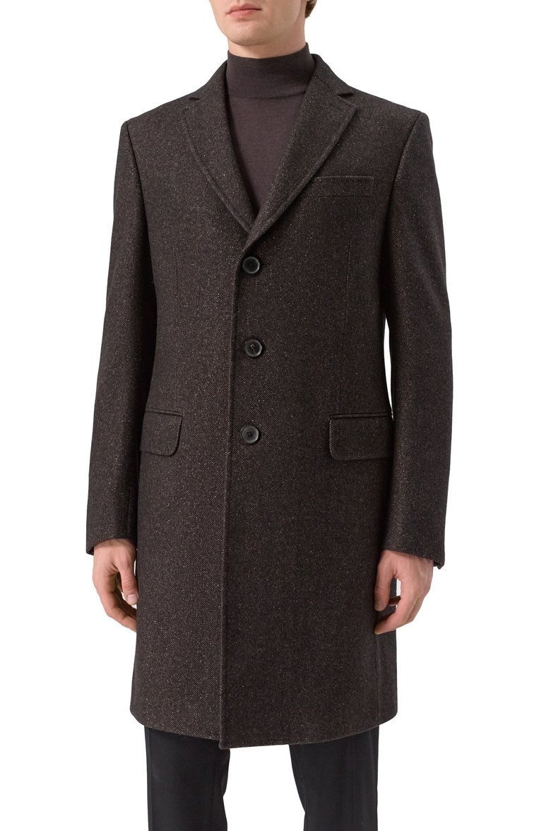 Мужской пальто из шерсти и шелка ZEGNA темно-коричневого цвета, арт. 4GJ3G0/897701A8 | Фото 3 (Материал внешний: Шерсть; Материал подклада: Вискоза; Рукава: Длинные; Длина (верхняя одежда): До середины бедра; 1-2-бортные: Однобортные; Мужское Кросс-КТ: пальто-верхняя одежда; Стили: Кэжуэл, Классический)