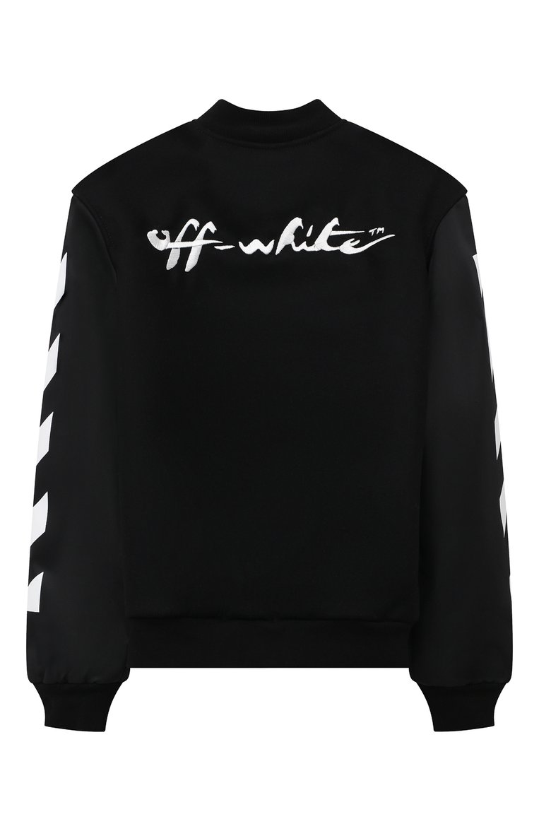 Детского шерстяной бомбер OFF-WHITE черно-белого цвета, арт. 0BEH001F22FAB002 | Фото 2 (Рукава: Длинные; Материал подклада: Синтетический материал; Материал внешний: Вискоза, Шерсть; Кросс-КТ: бомбер, Демисезон; Материал сплава: Проставлено; Драгоценные камни: Проставлено; Ростовка одежда: 10 - 11 лет | 140 - 146см, 8 лет | 128 см)
