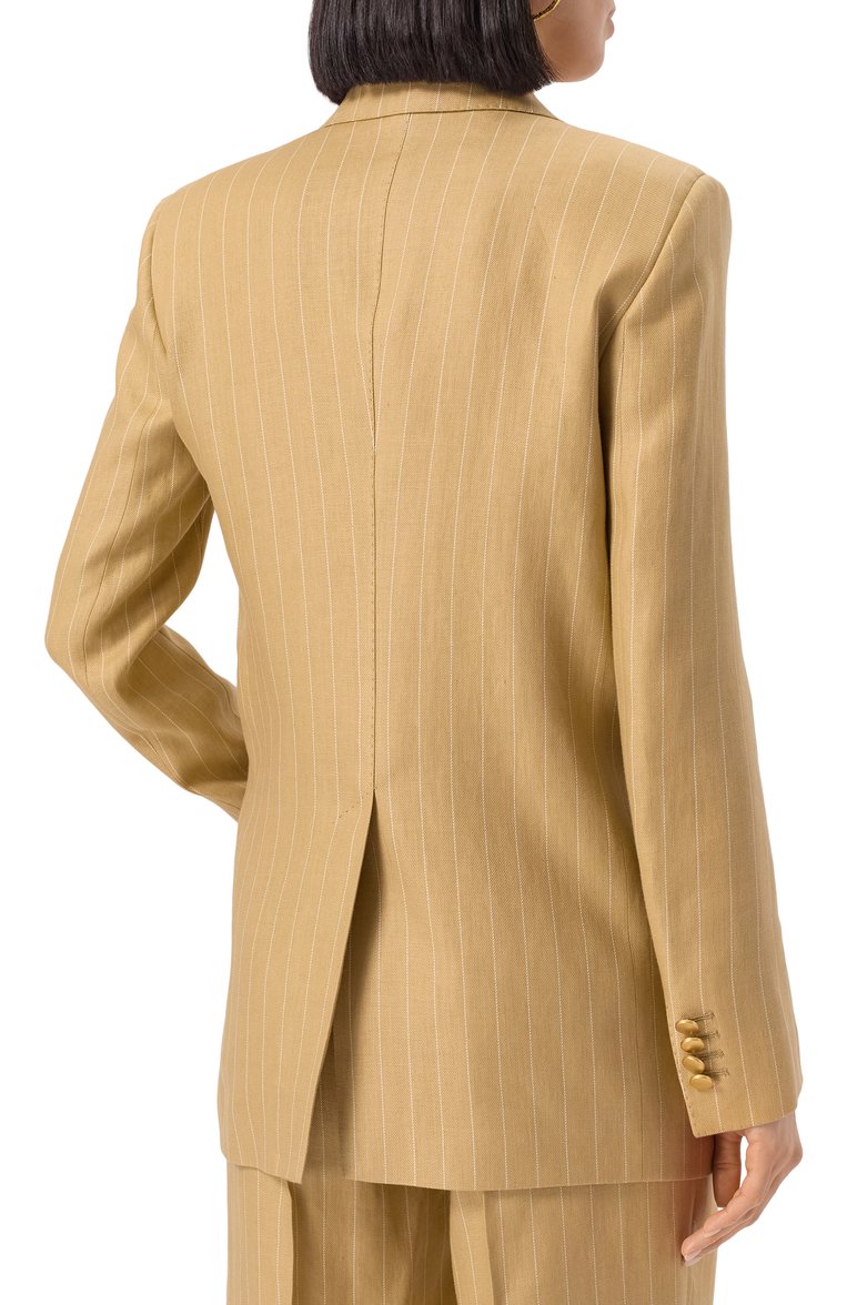 Женский льняной жакет TAGLIATORE 0205 бежевого цвета, арт. J-JASMINE10B/340252 | Фото 4 (Рукава: Длинные; Материал внешний: Лен; Длина (для топов): Удлиненные; Стили: Кэжуэл; Кросс-КТ: костюм; 1-2-бортные: Двубортные; Женское Кросс-КТ: Жакет-одежда)