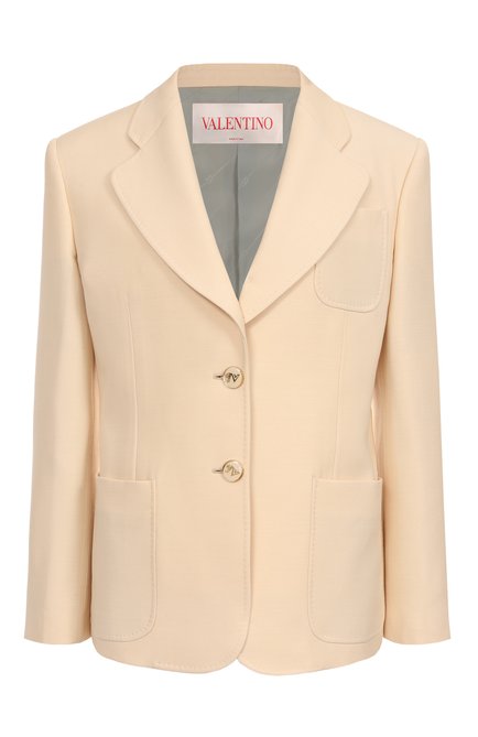 Же�нский жакет из шерсти и шелка VALENTINO кремвого цвета, арт. 6B3CE4101CF | Фото 1 (Драгоценные камни: Проставлено; Материал внешний: Шерсть, Шелк; Материал сплава: Проставлено; Длина (для топов): Стандартные; Рукава: Длинные)
