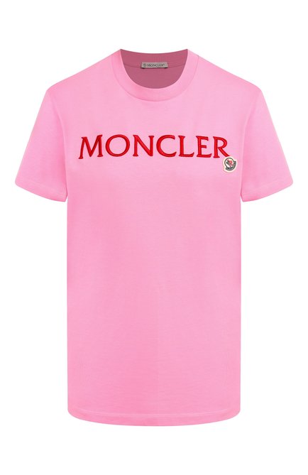 Женская хлопковая футболка MONCLER розового цвета, арт. 8C00009/829HP | Фото 1 (Длина (для топов): Стандартные; Рукава: Короткие; Драгоценные камни: Проставлено; Материал сплава: Проставлено; Материал внешний: Хлопок)