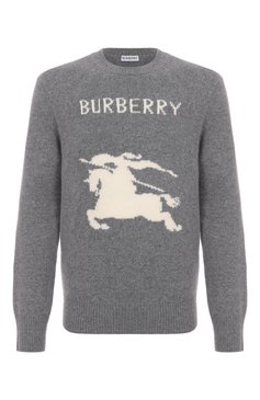 Мужской свитер из шерсти и кашемира BURBERRY серого цвета, арт. 8104878 | Фото 1 (Длина (для топов): Стандартные; Материал внешний: Шерсть; Рукава: Длинные; Принт: С принтом; Мужское Кросс-КТ: Свитер-одежда; Стили: Кэжуэл)
