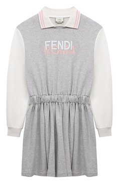 Детское хлопковое платье FENDI серого цвета, арт. JFB638/5V0/8A-12+ | Фото 1 (Рукава: Длинные; Драгоценные камни: Проставлено; Материал сплава: Проставлено; Материал внешний: Хлопок; Случай: Повседневный; Девочки Кросс-КТ: Платье-одежда; Ростовка одежда: 12 лет | 152 см, 13 - 15 лет | 158 см, 10 - 11 лет | 140 - 146см, 8 лет | 128 см)