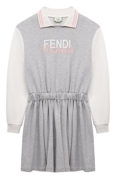 Детское �хлопковое платье FENDI серого цвета, арт. JFB638/5V0/8A-12+ | Фото 1 (Рукава: Длинные; Случай: Повседневный; Материал сплава: Проставлено; Материал внешний: Хлопок; Девочки Кросс-КТ: Платье-одежда; Драгоценные камни: Проставлено; Ростовка одежда: 12 лет | 152 см, 13 - 15 лет | 158 см, 10 - 11 лет | 140 - 146см, 8 лет | 128 см)