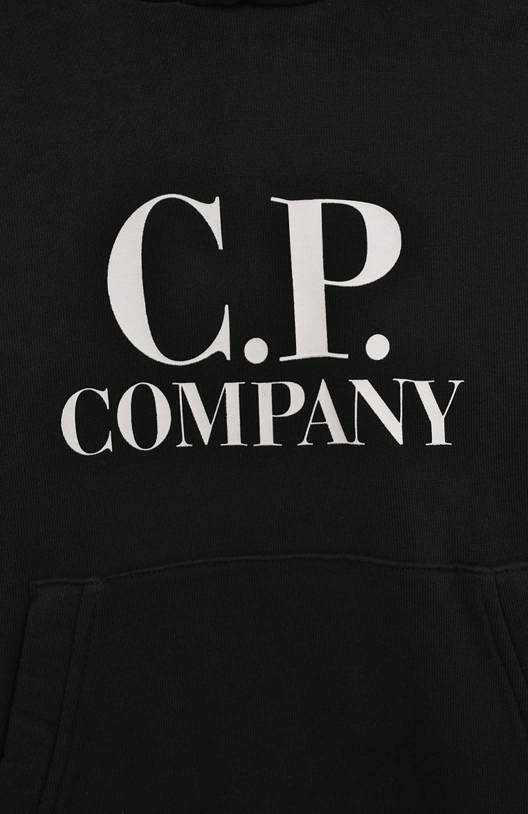 Детский хлопковое худи C.P. COMPANY черного цвета, арт. CUF00K/LCA76/4-8 | Фото 3 (Рукава: Длинные; Материал внешний: Хлопок; Драгоценные камни: Проставлено; Материал сплава: Проставлено; Мальчики Кросс-КТ: Худи-одежда)