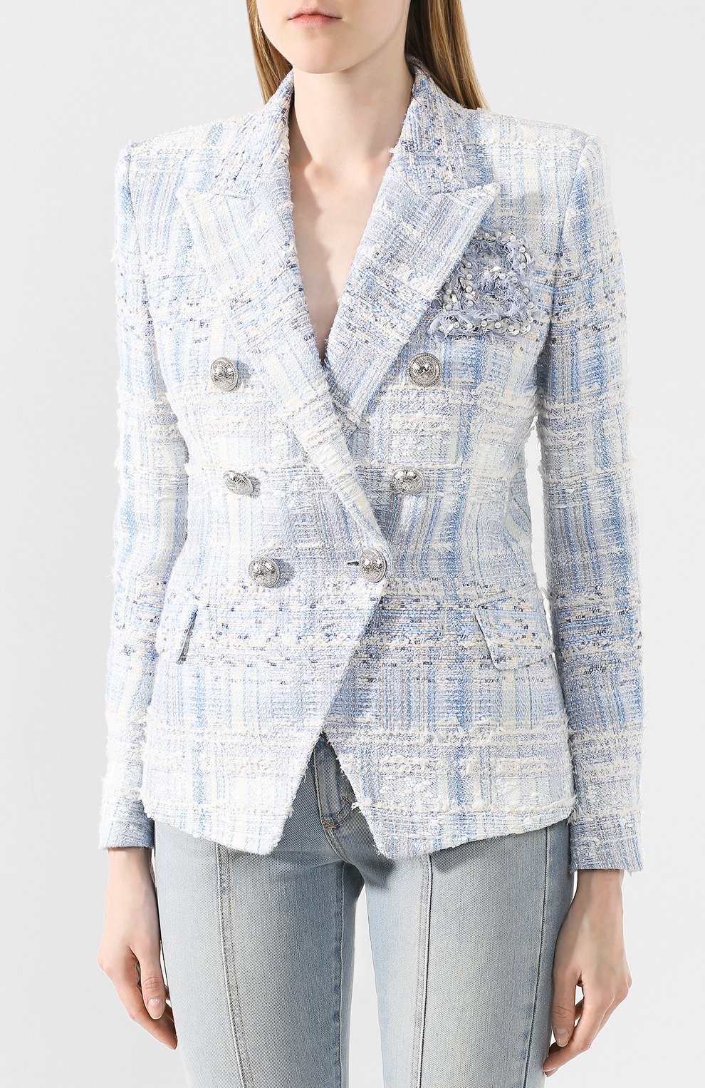 Двубортный жакет BALMAIN голубого цвета по цене 358000 руб., арт. SF27170/W051, фото 3 Двубортный жакет BALMAIN, арт. SF27170/W051, фото 3