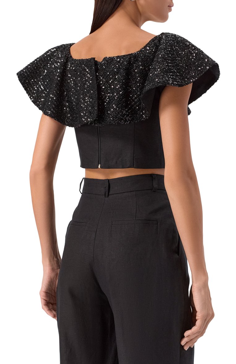 Женский топ с отделкой пайетками IN THE MOOD FOR LOVE черного цвета, арт. SS2501500006 | Фото 4 (Материал внешний: Лен; Длина (для топов): Укороченные; Стили: Романтичный; Рукава: С открытыми плечами)