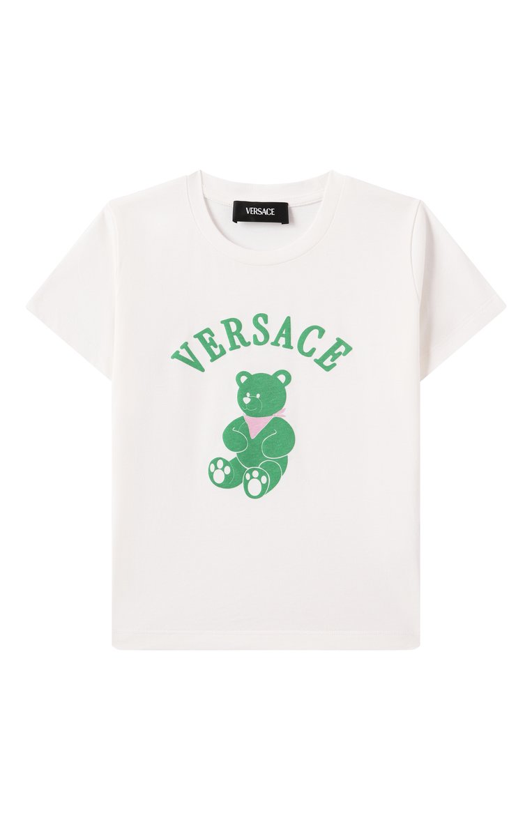 Детская хлопковая футболка VERSACE молочного цвета, арт. 1018570/1A13082 | Фото 1 (Рукава: Короткие; Девочки Кросс-КТ: футболка-одежда; Материал внешний: Хлопок; Автоматизация состава: Проставлено; Автоматизация ТО: Проставлено; Ростовка одежда: 4 года | 104 см, 5 лет | 110 см)