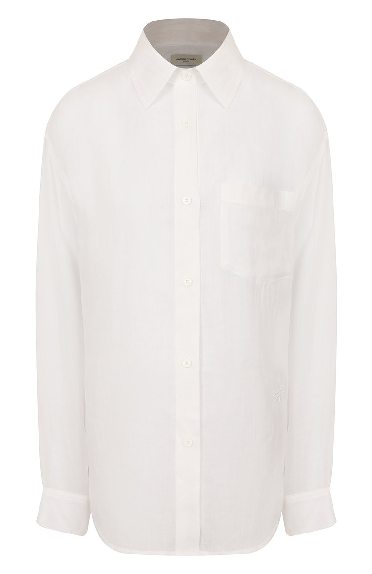 Женская рубашка JACOB COHEN белого цвета, арт. 25E P/JDM_C0073 001 T765A RW | Фото 1 (Автоматизация ТО: Проставлено; Рукава: Длинные; Автоматизация состава: Проставлено; Длина (для топов): Удлиненные; Женское Кросс-КТ: Рубашка-одежда; Принт: Без принта; Стили: Классический; Материал внешний: Лен)