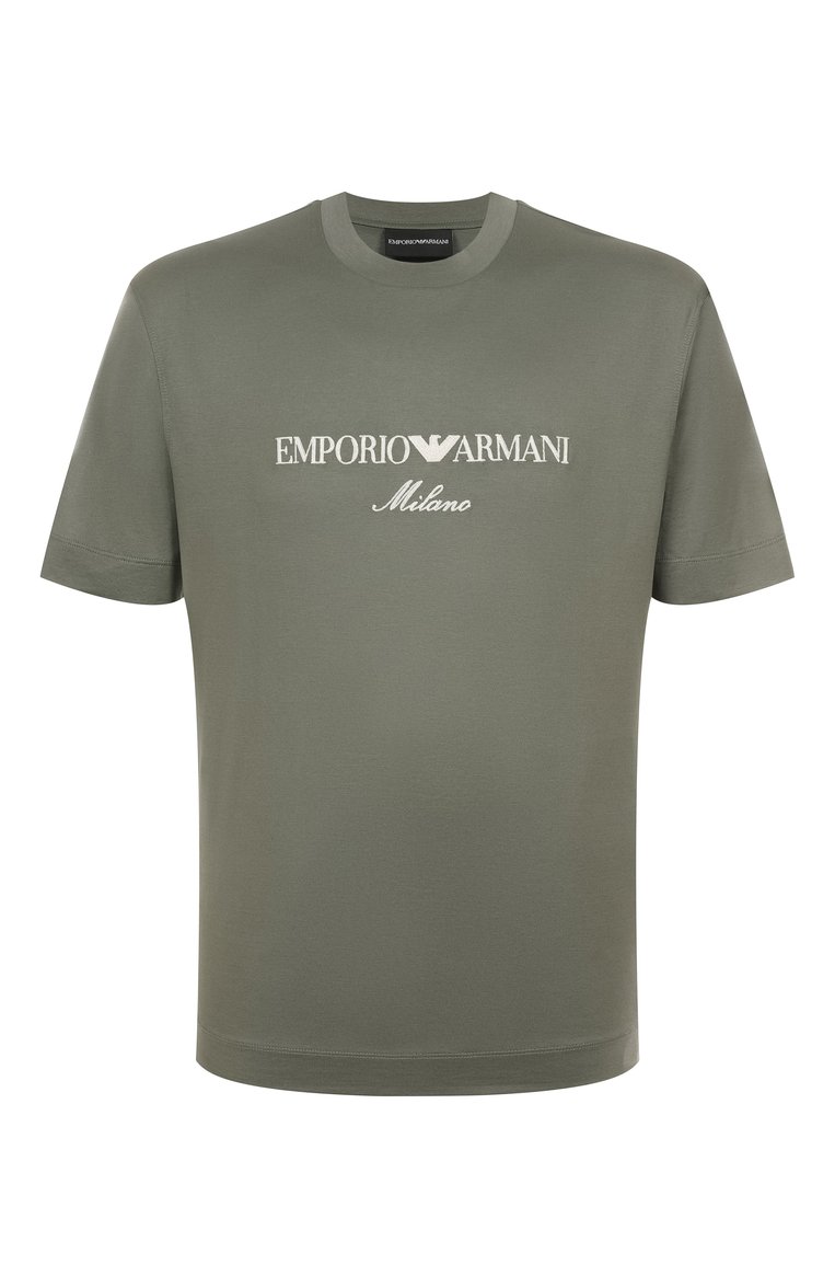 Мужская футболка EMPORIO ARMANI хаки цвета, арт. EM001033/AF10017 | Фото 1 (Длина (для топов): Стандартные; Материал внешний: Хлопок; Рукава: Короткие; Принт: С принтом; Стили: Милитари; Мужское Кросс-КТ: Футболка-одежда; Кросс-КТ: Джерси)