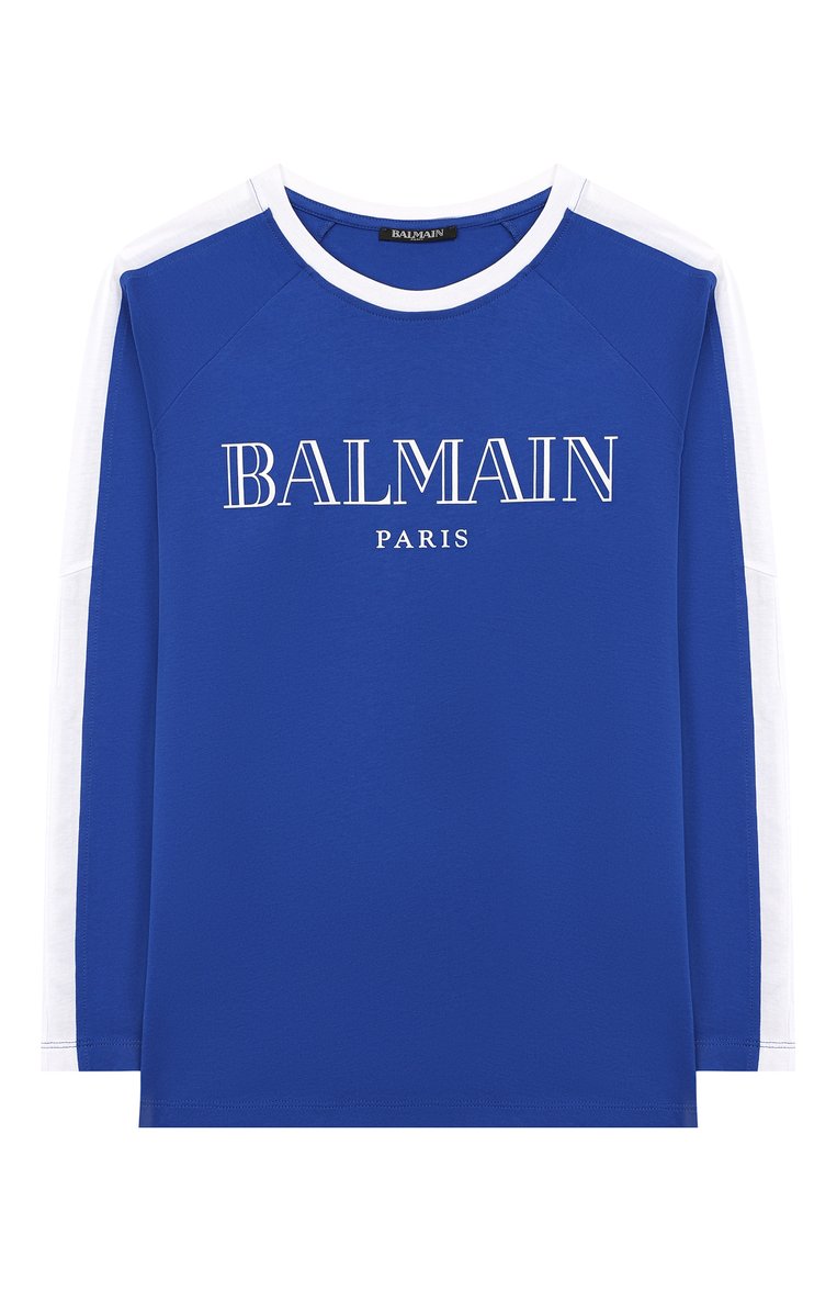 Детская хлопковый лонгслив BALMAIN синего цвета, арт. 6L8600/LX160/4-10 | Фото 1 (Рукава: Длинные; Мальчики Кросс-КТ: Лонгслив-одежда; Материал внутренний: Не назначено; Материал сплава: Проставлено; Материал внешний: Хлопок; Драгоценные камни: Проставлено; Статус проверки: Проверена категория; Ростовка одежда: 10 - 11 лет | 140 - 146см, 6 лет | 116 см, 8 лет | 128 см)