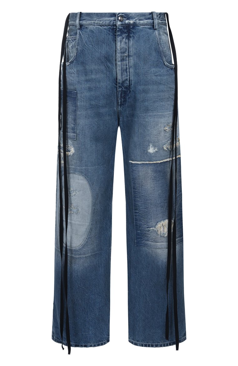 Мужские джинсы ANN DEMEULEMEESTER синего цвета, арт. B0012210/FA631 | Фото 1 (Материал внешний: Хлопок, Деним; Автоматизация состава: Проставлено; Автоматизация ТО: Проставлено; Длина (брюки, джинсы): Стандартные; Кросс-КТ: Деним; Детали: Потертости, Делаве; Силуэт М (брюки): Широкие; Стили: Streetwear)