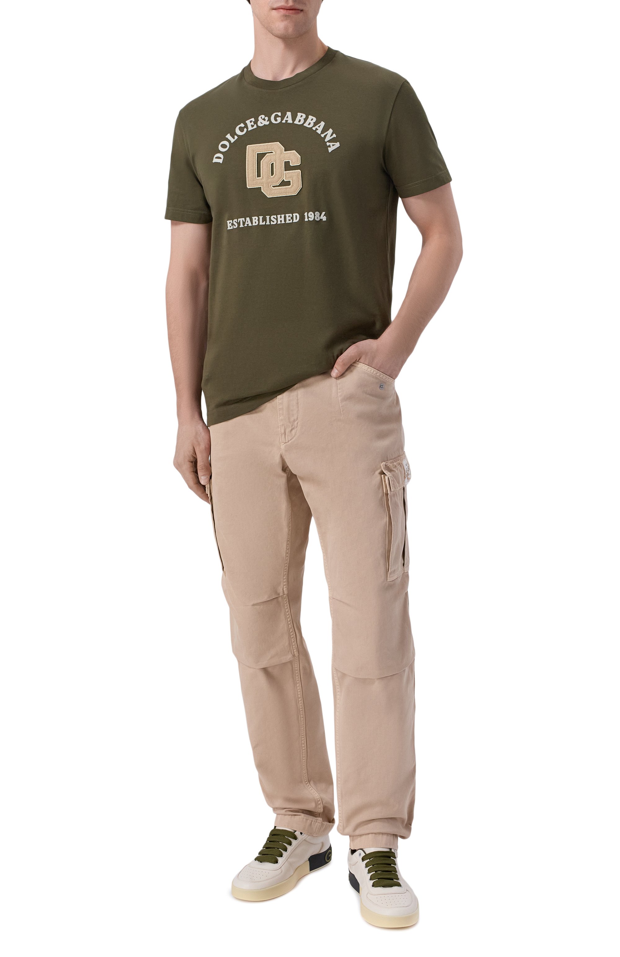Хлопковая футболка DOLCE & GABBANA хаки цвета по цене 89950 руб., арт. G8RN8Z/G7PPA, фото 2 Хлопковая футболка DOLCE & GABBANA, арт. G8RN8Z/G7PPA, фото 2