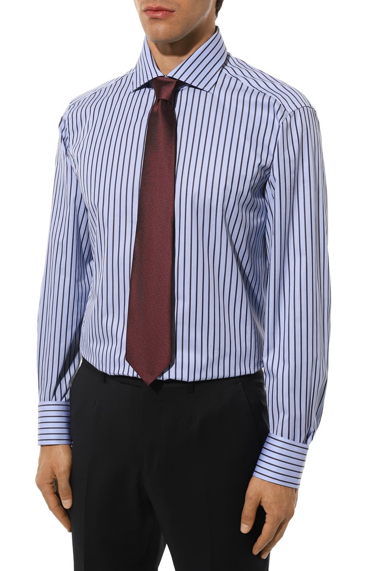 Мужская хлопковая сорочка ZEGNA голубого цвета, арт. 701529A7/9MS0BA | Фото 3 (Материал внешний: Хлопок; Рукава: Длинные; Длина (для топов): Стандартные; Манжеты: На пуговицах; Стили: Кэжуэл; Принт: Полоска; Рубашки М: Slim Fit; Случай: Повседневный; Воротник: Акула; Детали: Без декора; Автоматизация ТО: Проставлено; Автоматизация состава: Проставлено)