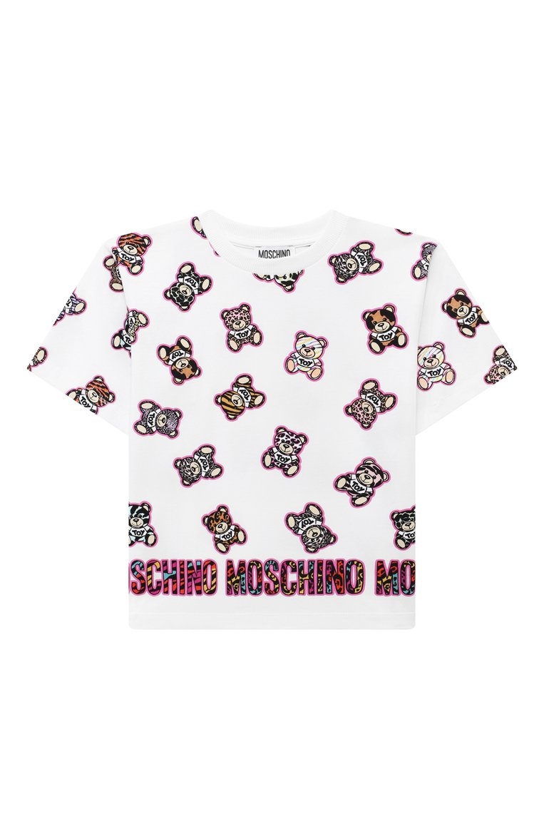 Детская хлопковая футболка MOSCHINO разноцветного цвета, арт. HAM060/LBBD6/10-14 | Фото 1 (Рукава: Короткие; Драгоценные камни: Проставлено; Материал внешний: Хлопок; Материал сплава: Проставлено; Девочки Кросс-КТ: футболка-одежда; Ростовка одежда: 10 - 11 лет | 140 - 146см, 12 лет | 152 см, 16 лет | 164 см)