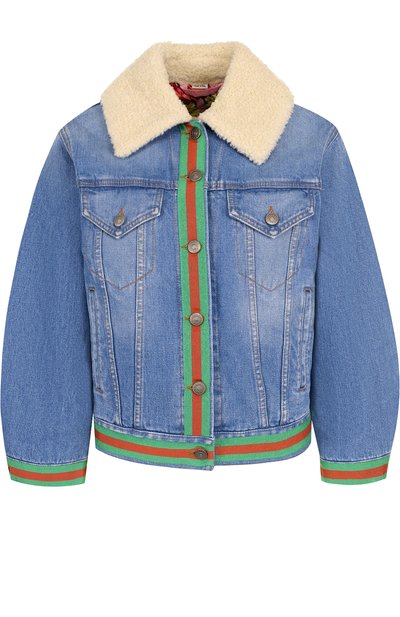 Женская джинсовая куртка с меховым воротником и контрастной отделкой GUCCI, арт. 527346/XRB38