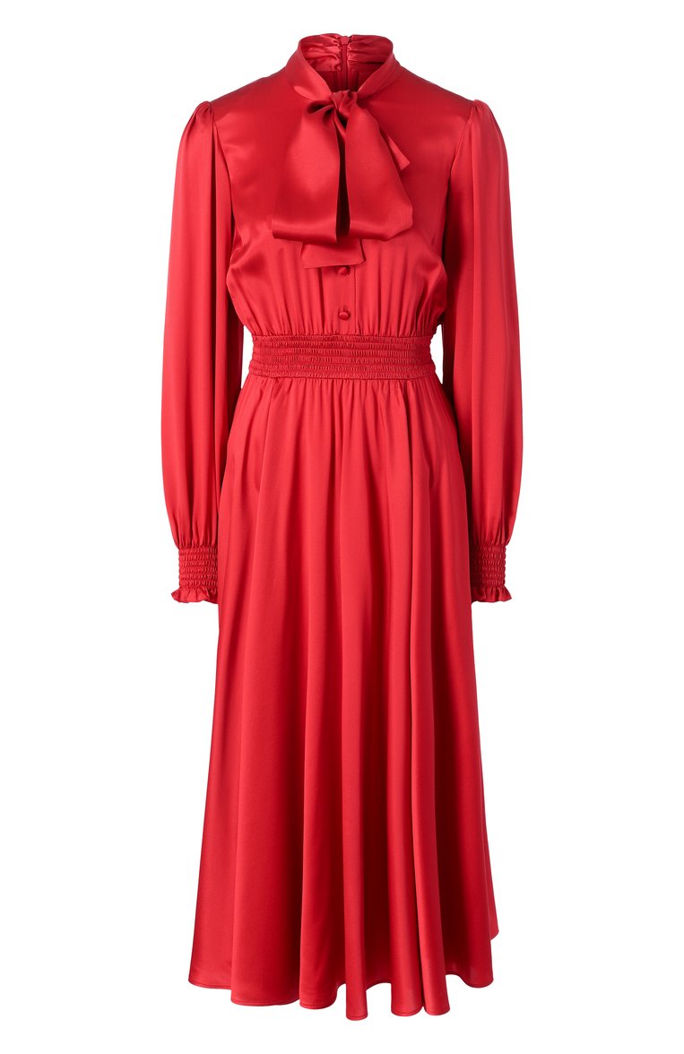 Женское атласное платье DOLCE & GABBANA красного цвета, арт. F6TKRT/FU1AU | Фото 1 (Материал внешний: Шелк; Рукава: Длинные; Длина Ж (юбки, платья, шорты): Миди; Женское Кросс-КТ: Платье-одежда; Случай: Повседневный; Стили: Романтичный; Автоматизация ТО: Проставлено; Размерность: Идёт в размер; Автоматизация состава: Проставлено)