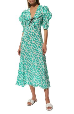 Женское шелковое платье MIU MIU бирюзового цвета, арт. MF4522-10MA-F0G1S | Фото 3 (Материал внешний: Шелк; Длина Ж (юбки, платья, шорты): Миди; Женское Кросс-КТ: Платье-одежда; Случай: Повседневный; Стили: Романтичный; Рукава: Короткие; Драгоценные камни: Проставлено; Материал сплава: Проставлено)