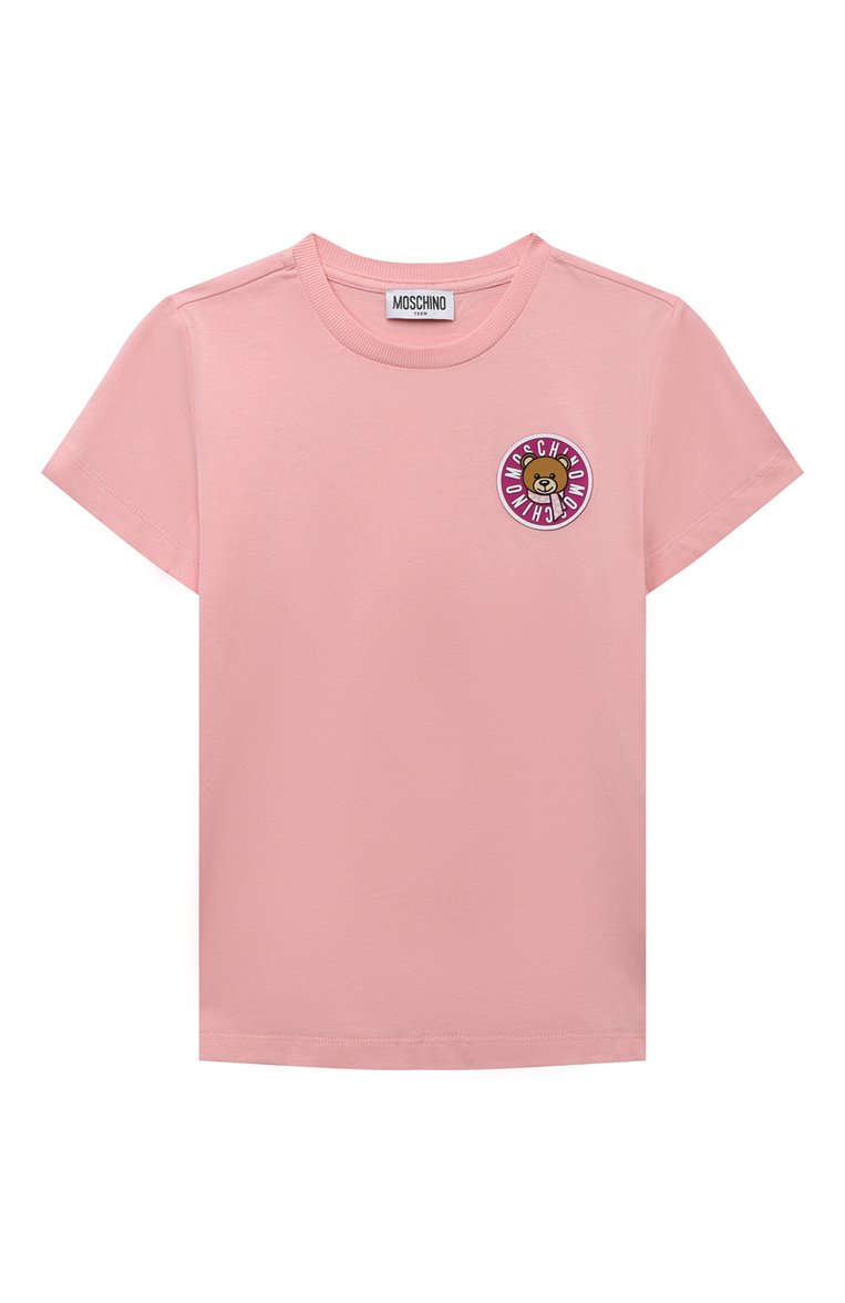 Детская хлопковая футболка MOSCHINO светло-розового цвета, арт. HSM03U/LAA10/10A-14A | Фото 1 (Драгоценные камни: Проставлено; Материал внешний: Хлопок; Материал сплава: Проставлено; Рукава: Короткие; Девочки Кросс-КТ: футболка-одежда)