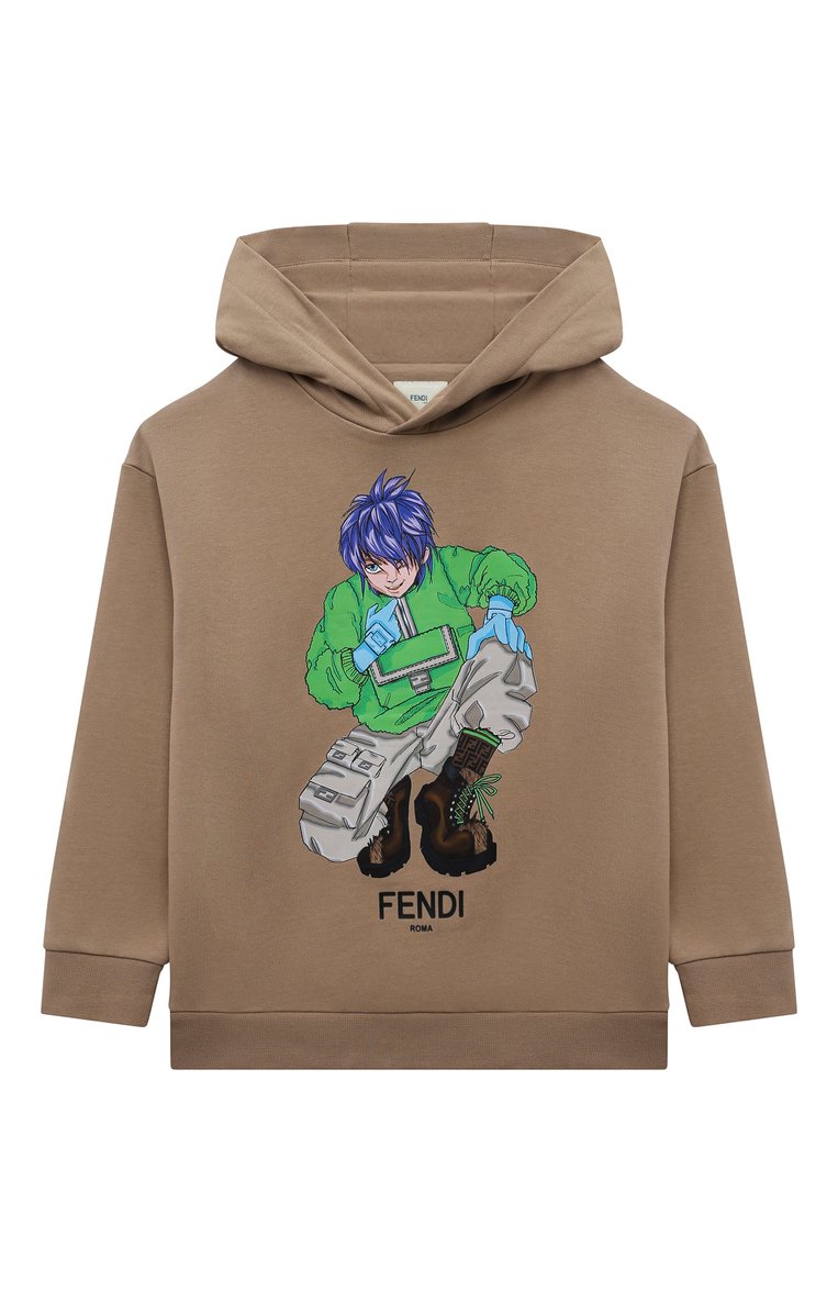 Детский хлопковое худи FENDI бежевого цвета, арт. JMH176/5V0/8A-12+ | Фото 1 (Рукава: Длинные; Драгоценные камни: Проставлено; Материал сплава: Проставлено; Материал внешний: Хлопок; Мальчики Кросс-КТ: Худи-одежда; Ростовка одежда: 10 - 11 лет | 140 - 146см, 12 лет | 152 см, 13 - 15 лет | 158 см, 9 лет | 134 см)