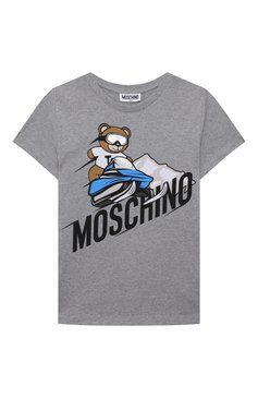 Детская хлопковая футболка MOSCHINO серого цвета, арт. HYM03U/LAA01/10A-14A | Фото 1 (Рукава: Короткие; Материал сплава: Проставлено; Материал внешний: Хлопок; Мальчики Кросс-КТ: Футболка-одежда; Драгоценные камни: Проставлено)