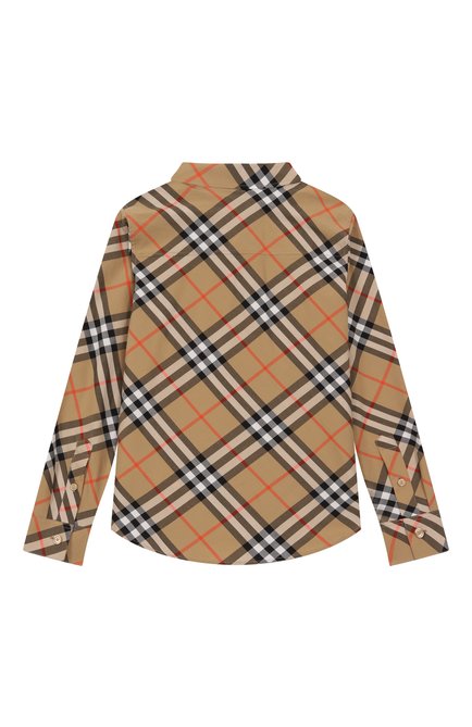 Детская хлопковая рубашка BURBERRY бежевого цвета, арт. 8088966 | Фото 2 (Рукава: Длинные; Драгоценные камни: Проставлено; Материал внешний: Хлопок; Материал сплава: Проставлено)