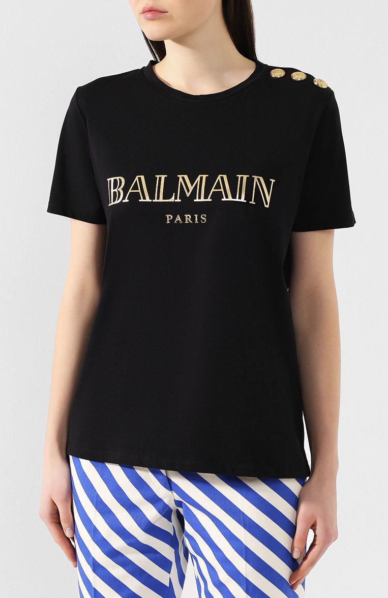 Женская хлопковая футболка BALMAIN черного цвета, арт. RF11077/I042 | Фото 3 (Материал внешний: Хлопок; Длина (для топов): Стандартные; Рукава: Короткие; Стили: Спорт-шик; Статус проверки: Проверена категория; Принт: С принтом; Женское Кросс-КТ: Футболка-одежда; Материал сплава: Проверено, Проставлено; Драгоценные камни: Проставлено)