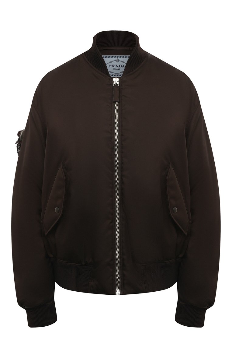 Женский бомбер PRADA коричневого цвета, арт. 29S993-1WQ8-F0003-212 | Фото 1 (Рукава: Длинные; Материал внешний: Синтетический материал; Длина (верхняя одежда): Короткие; Кросс-КТ: Куртка, Легкие; Стили: Кэжуэл)