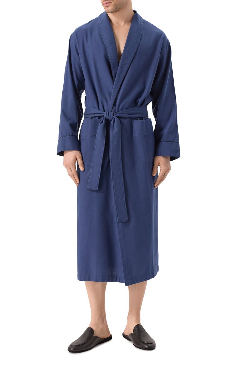 Мужской халат из хлопка и шерсти ZIMMERLI темно-синего цвета, арт. 4600-75143 | Фото 3 (Длина (верхняя одежда): Длинные; Рукава: Длинные; Драгоценные камни: Проставлено; Материал сплава: Проставлено; Кросс-КТ: домашняя одежда; Материал внешний: Хлопок)