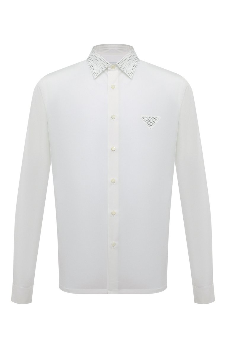 Мужская хлопковая сорочка PRADA белого цвета, арт. UCN420-1LZC-F0009-221 | Фото 1 (Рукава: Длинные; Материал внешний: Хлопок; Длина (для топов): Стандартные; Воротник: Кент; Манжеты: На пуговицах; Стили: Классический; Рубашки М: Regular Fit; Случай: Вечерний; Принт: Однотонные; Автоматизация состава: Проставлено; Автоматизация ТО: Проставлено; Детали: Без декора)