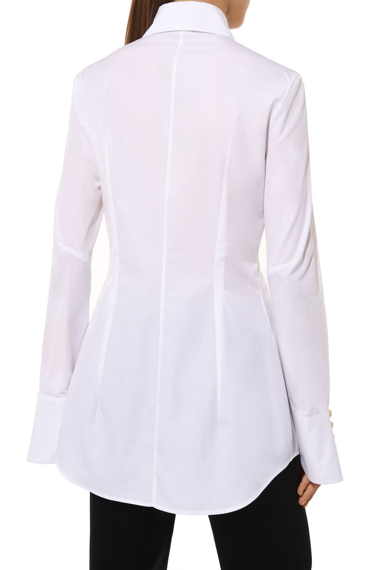 Женская хлопковая рубашка BALMAIN белого цвета, арт. CF0HS355/CE48 | Фото 4 (Длина (для топов): Удлиненные; Рукава: Длинные; Материал внешний: Хлопок; Женское Кросс-КТ: Рубашка-одежда; Принт: Без принта; Стили: Классический; Автоматизация ТО: Проставлено; Автоматизация состава: Проставлено)