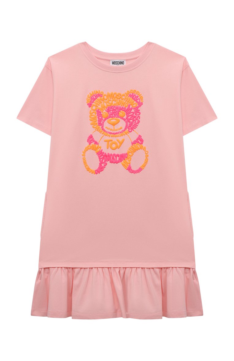 Детское хлопковое платье MOSCHINO светло-розового цвета, арт. HDV0CP/LBA00/10 | Фото 1 (Рукава: Короткие; Материал внешний: Хлопок; Девочки Кросс-КТ: Платье-одежда; Случай: Повседневный)