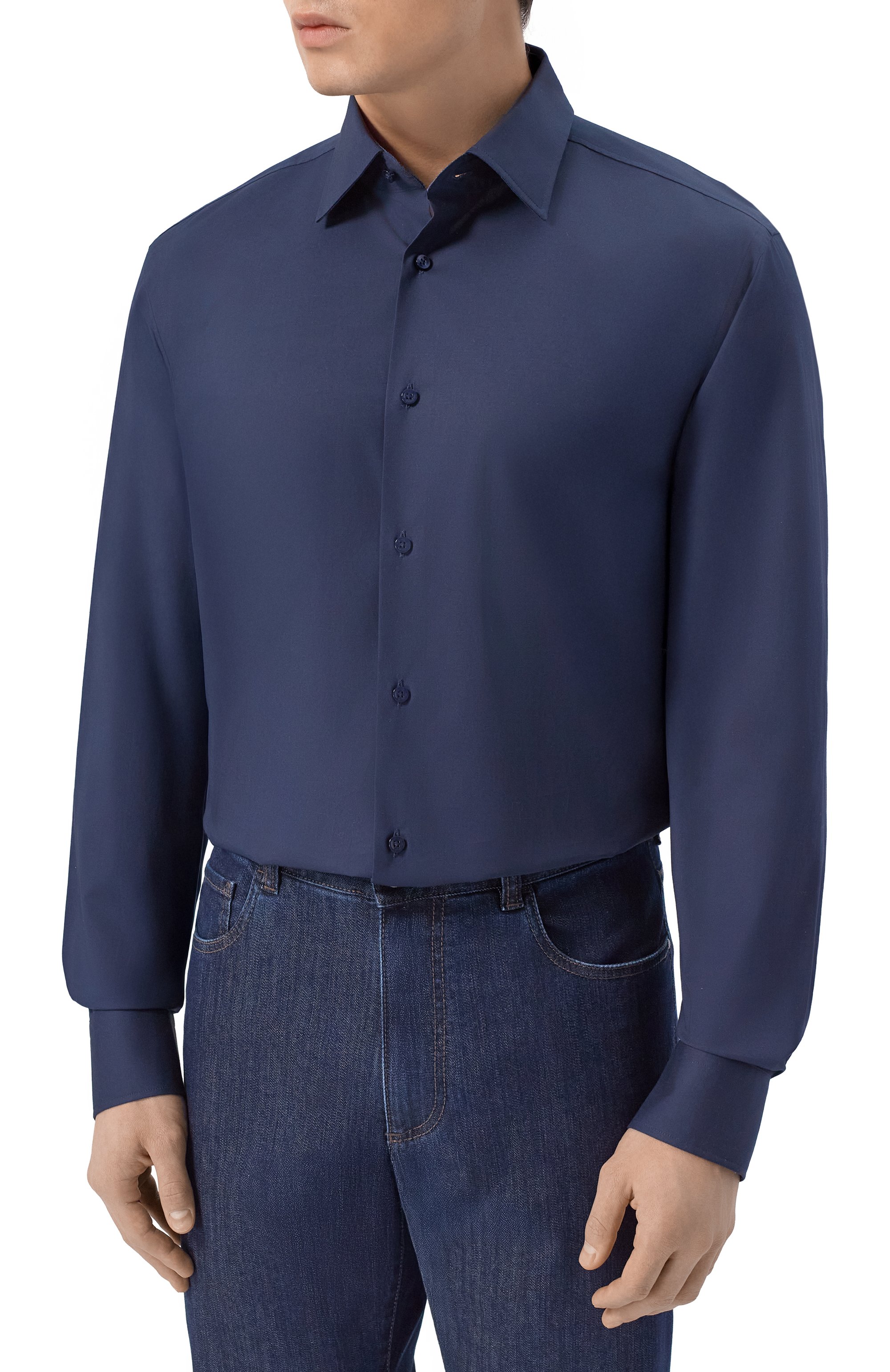 Хлопковая сорочка BOSS темно-синего цвета по цене 14950 руб., арт. 50555668, фото 3 Хлопковая сорочка BOSS, арт. 50555668, фото 3