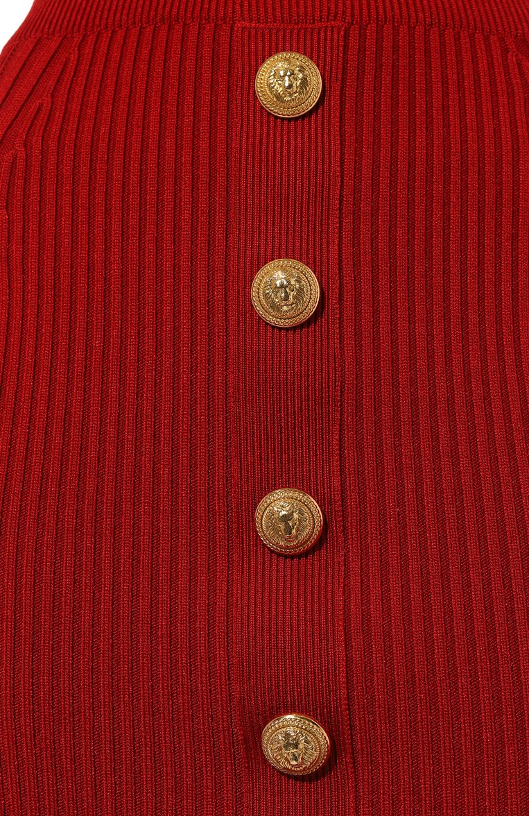 Женская юбка из вискозы BALMAIN красного цвета, арт. BF1LC200/KE18 | Фото 5 (Материал внешний: Вискоза; Материал сплава: Проставлено; Драгоценные камни: Проставлено; Длина Ж (юбки, платья, шорты): До колена; Стили: Романтичный; Кросс-КТ: костюм, Трикотаж)