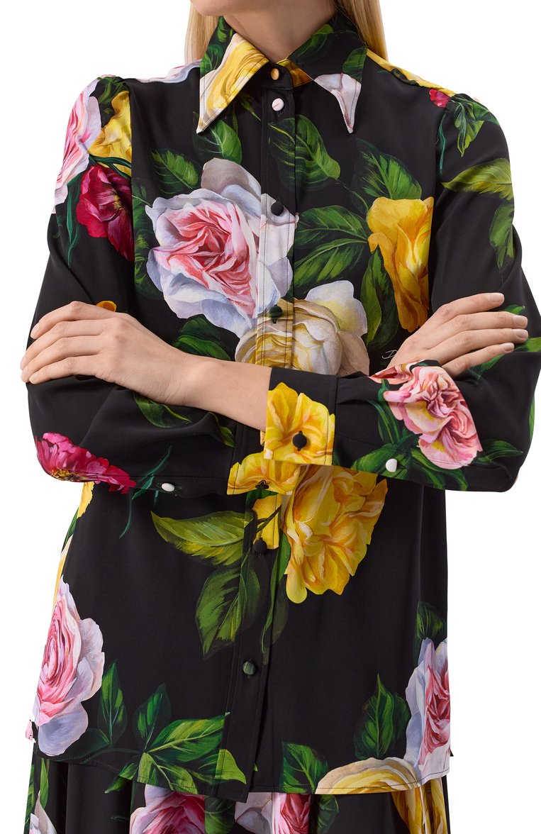 Женская шелковая блузка DOLCE & GABBANA разноцветного цвета, арт. F5S48T/FSA7B | Фото 5 (Рукава: Длинные; Длина (для топов): Стандартные; Драгоценные камни: Проставлено; Материал внешний: Шелк; Материал сплава: Проставлено; Принт: С принтом; Кросс-КТ: костюм; Женское Кросс-КТ: Блуза-одежда; Стили: Романтичный)