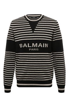 Мужской джемпер из шерсти и льна BALMAIN черно-белого цвета, арт. AH1KD000KD93 | Фото 1 (Мужское Кросс-КТ: Джемперы; Материал внешний: Шерсть, Лен; Рукава: Длинные; Длина (для топов): Стандартные; Стили: Гранж; Принт: С принтом; Материал сплава: Проставлено; Драгоценные камни: Проставлено; Вырез: Круглый)