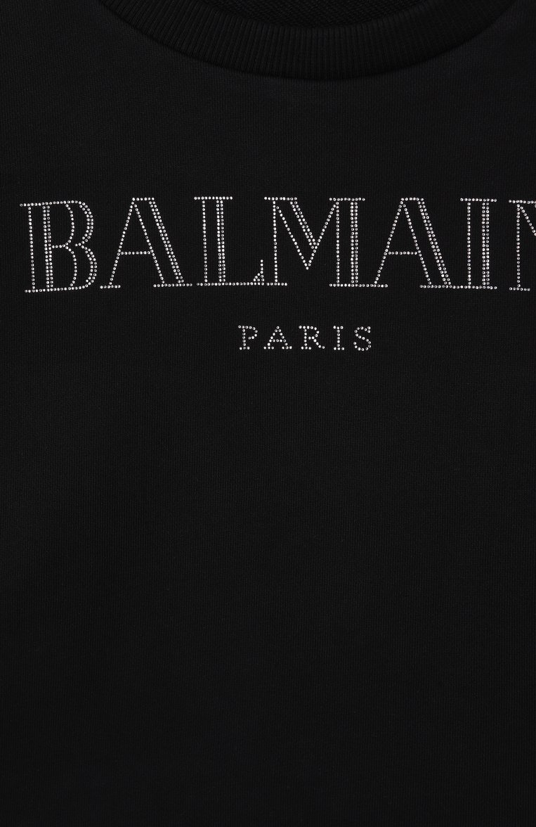 Детский хлопковый свитшот BALMAIN черного цвета, арт. BW4B00 | Фото 3 (Материал сплава: Проставлено; Рукава: Длинные; Драгоценные камни: Проставлено; Девочки Кросс-КТ: Свитшот-одежда; Материал внешний: Хлопок; Ростовка одежда: 8 лет | 128 см, 12 лет | 152 см, 10 - 11 лет | 140 - 146см, 16 лет | 164 см, 13 - 15 лет | 158 см)