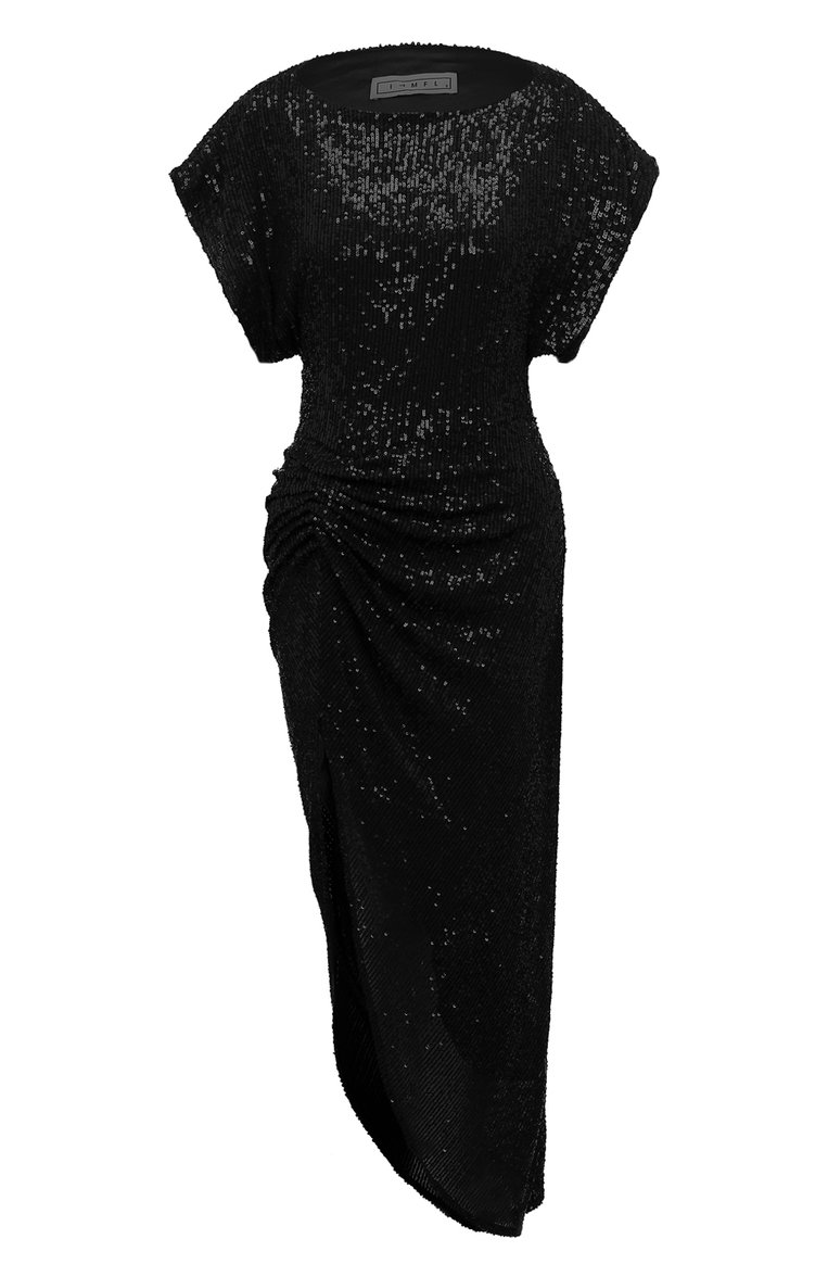 Женское пл�атье с отделкой пайетками IN THE MOOD FOR LOVE черного цвета, арт. PF2100100030 | Фото 1 (Рукава: Короткие; Материал внешний: Синтетический материал; Стили: Гламурный; Женское Кросс-КТ: Платье-одежда; Случай: Коктейльный; Материал подклада: Синтетический материал; Длина Ж (юбки, платья, шорты): Макси)