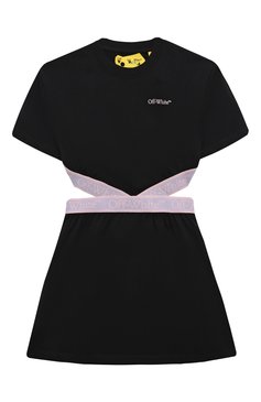 Детское хлопковое платье OFF-WHITE черного цвета, арт. 0GDB055S24JER001/4-10 | Фото 1 (Рукава: Короткие; Драгоценные камни: Проставлено; Материал сплава: Проставлено; Материал внешний: Хлопок; Девочки Кросс-КТ: Платье-одежда; Случай: Повседневный; Ростовка одежда: 10 - 11 лет | 140 - 146см, 6 лет | 116 см, 8 лет | 128 см)