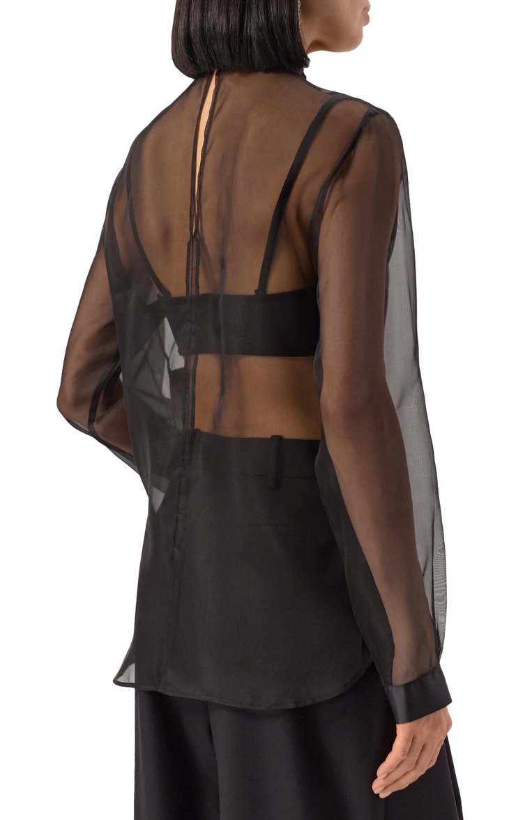Женская шелковая блузка NINA RICCI черного цвета, арт. 25PCT0015/SE0789 | Фото 4 (Рукава: Длинные; Материал внешний: Шелк; Длина (для топов): Стандартные; Стили: Кэжуэл; Женское Кросс-КТ: Блуза-одежда; Принт: Без принта)