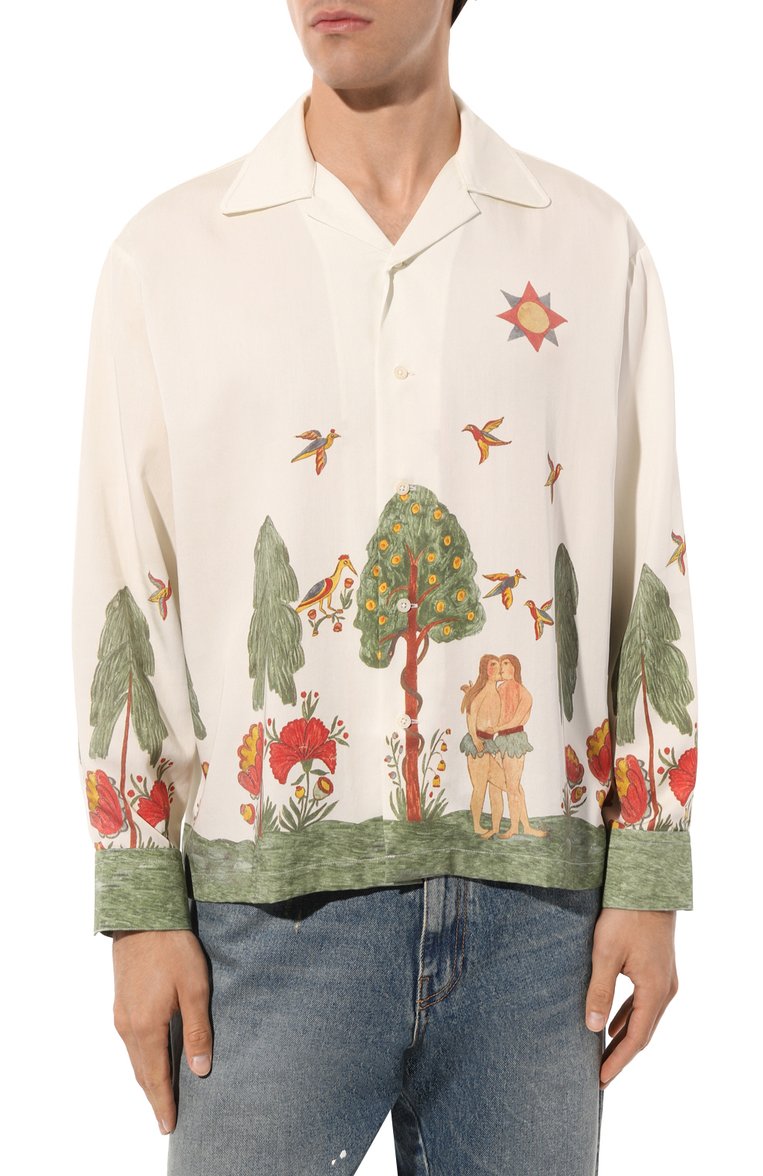 Мужская рубашка CARNE BOLLENTE белого цвета, арт. AW23LS0202 | Фото 3 (Длина (для топов): Стандартные; Рукава: Длинные; Стили: Гранж; Манжеты: На пуговицах; Случай: Повседневный; Принт: С принтом; Воротник: Отложной; Материал внешний: Вискоза)