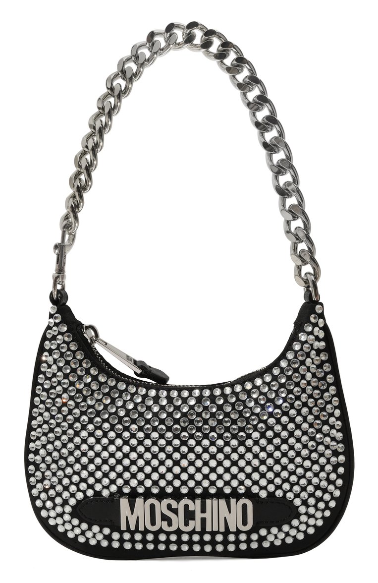 Женская сумка MOSCHINO серебряного цвета, арт. B8412/8202 | Фото 1 (Материал сплава: Проставлено; Размер: mini; Драгоценные камни: Проставлено; Материал: Текстиль; Сумки-технические: Сумки через плечо)