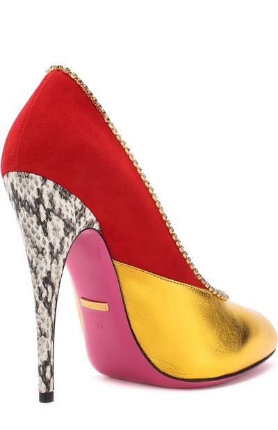 Комбинированные туфли с кристаллами на шпильке GUCCI, арт. 489345/0B720, фото 4